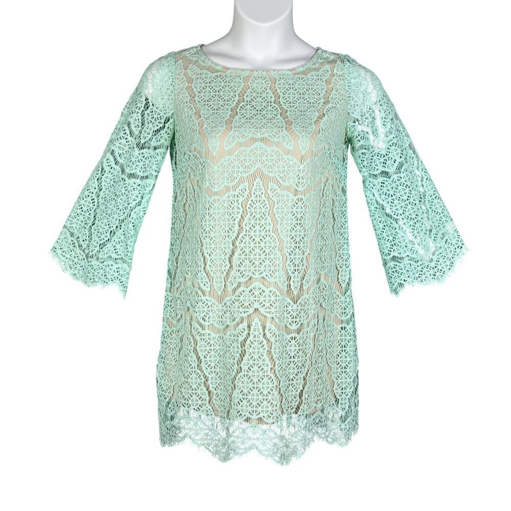 Maia Women 4 Kelly Green Dress Lace Overlay 3/4 Sleeve Nude Lining Scalloped Hem
